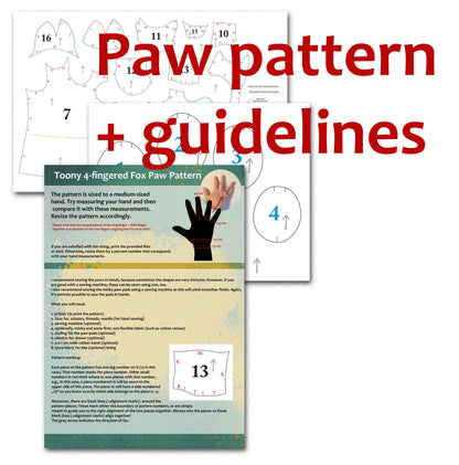 DIY Toony Slim four fingered Fox Paw PDF Pattern / ideal for a canine fursuit and cosplay